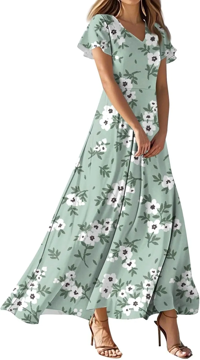 Women's Summer Dress 2025 Short Sleeve V-Neck Boho Floral Printed Flowy Swing Sundress Wedding Guest Dresses