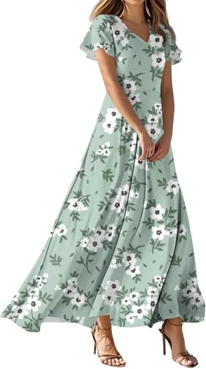 Women's Summer Dress 2025 Short Sleeve V-Neck Boho Floral Printed Flowy Swing Sundress Wedding Guest Dresses