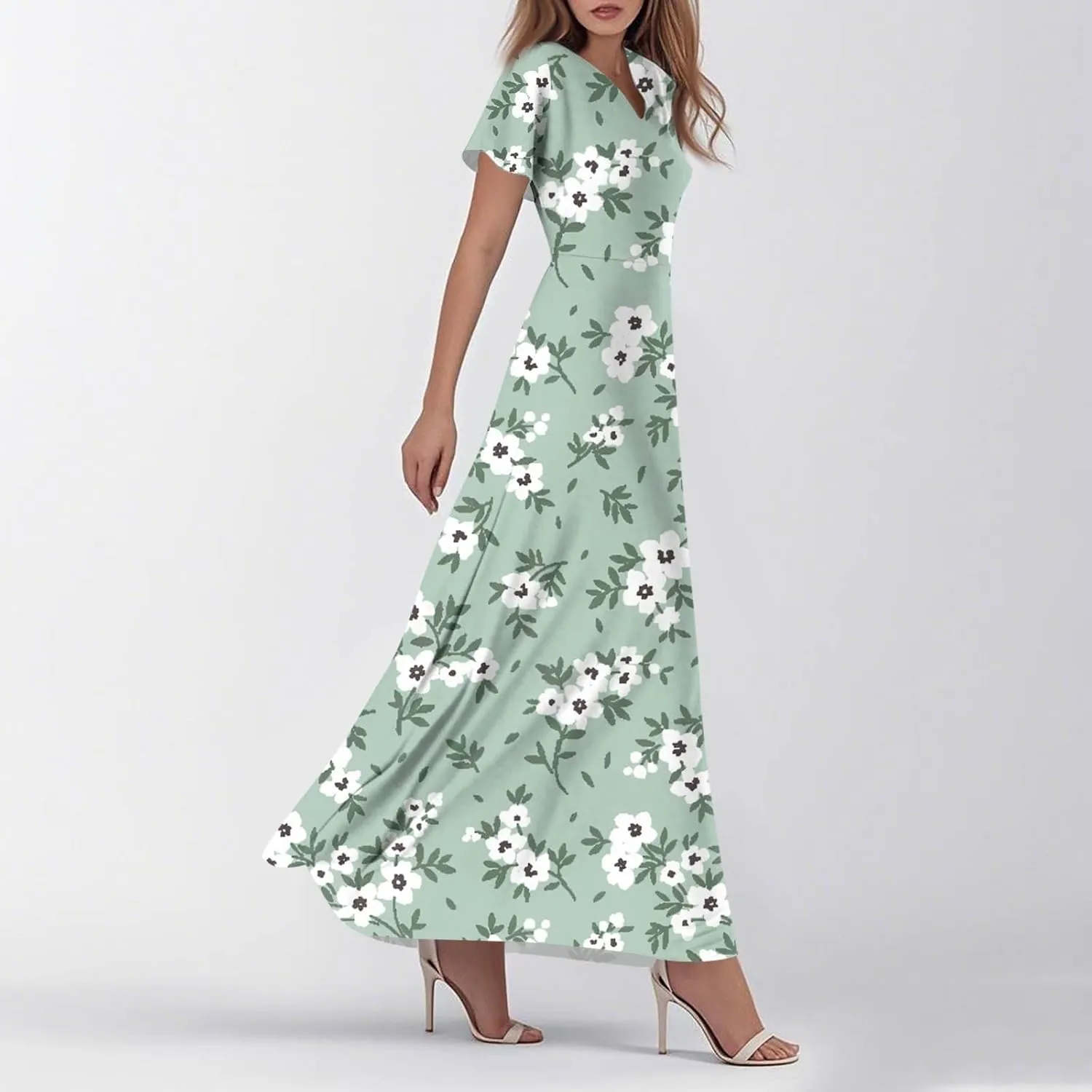 Women's Summer Dress 2025 Short Sleeve V-Neck Boho Floral Printed Flowy Swing Sundress Wedding Guest Dresses