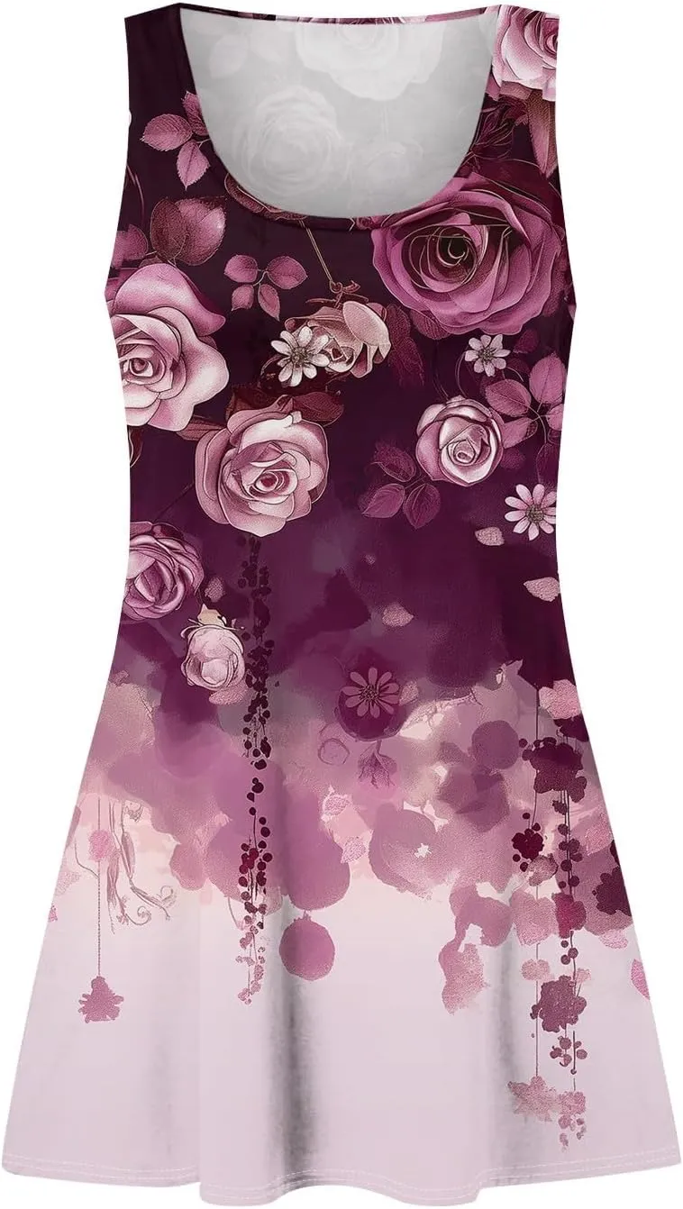 Womens Summer Dresses 2025 Casual Soft Loose U Neck Sleeveless Sundresses Boho Tank Dress Floral Dresses with Pockets