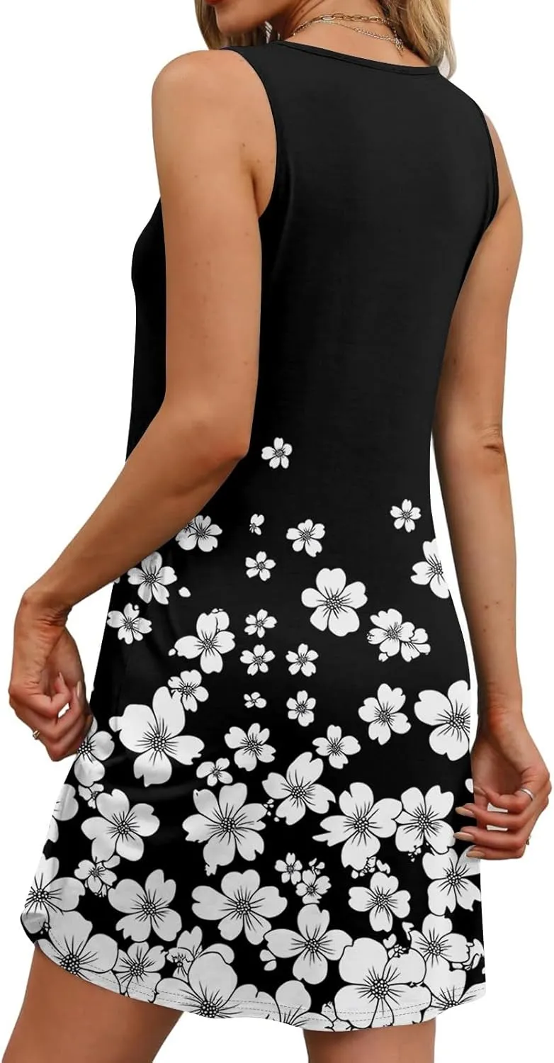 Womens Summer Dresses 2025 Casual Soft Loose U Neck Sleeveless Sundresses Boho Tank Dress Floral Dresses with Pockets