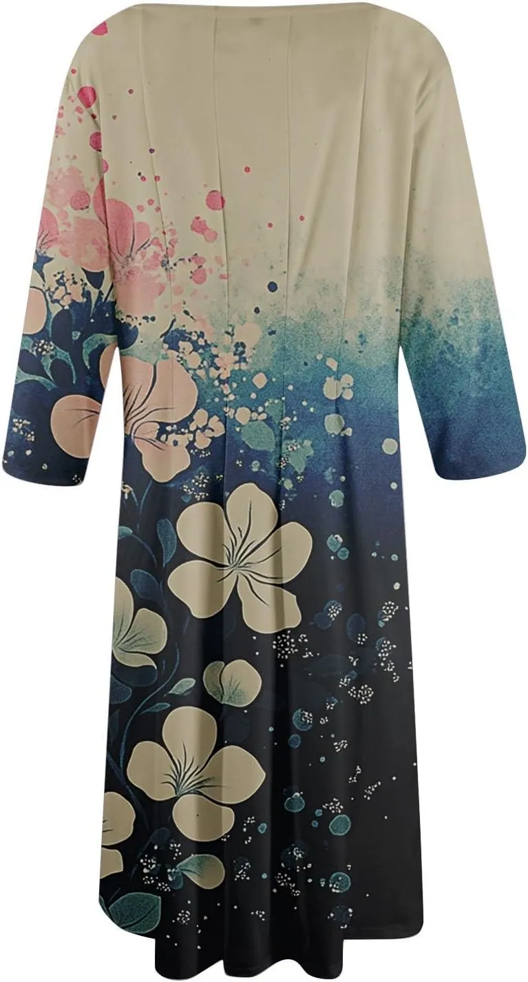 Womens Summer Dresses Beach Round Neck 3/4 Sleeve Midi Dresses A Line Dress Spring Floral Flowy Dress with Pocket