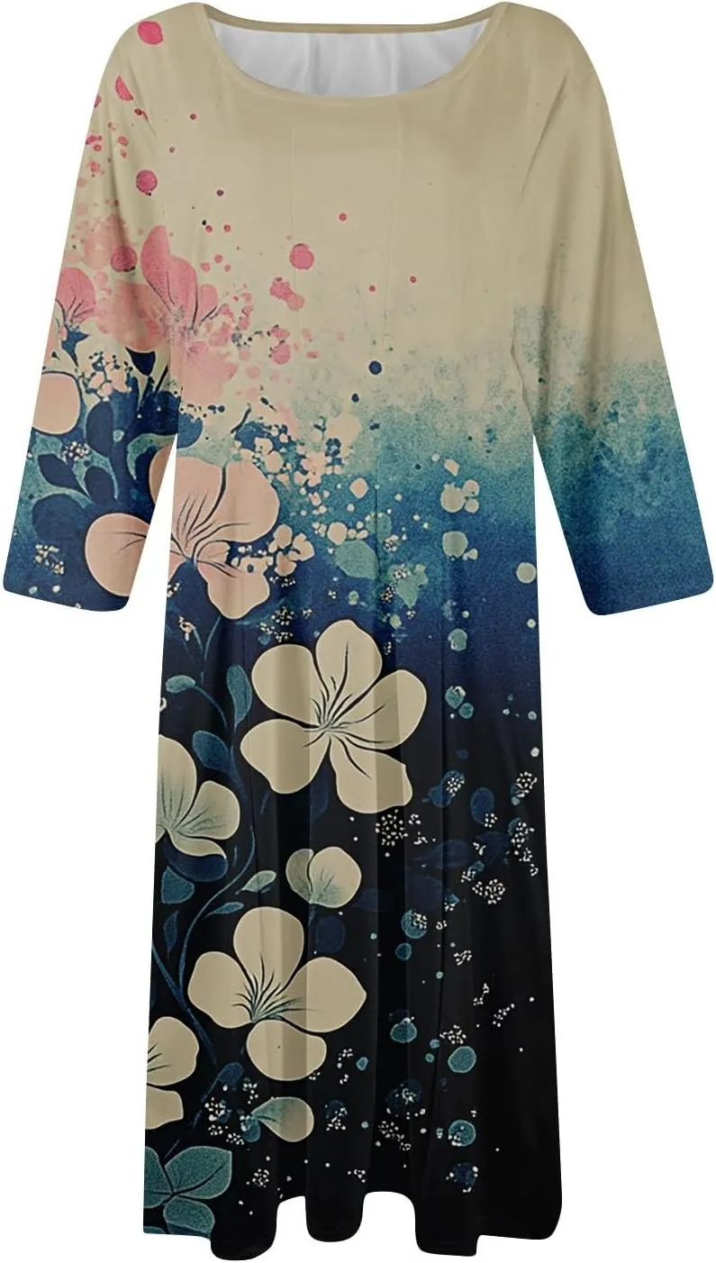 Womens Summer Dresses Beach Round Neck 3/4 Sleeve Midi Dresses A Line Dress Spring Floral Flowy Dress with Pocket