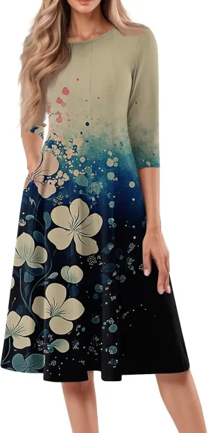 Womens Summer Dresses Beach Round Neck 3/4 Sleeve Midi Dresses A Line Dress Spring Floral Flowy Dress with Pocket