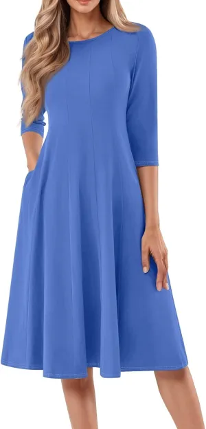 Womens Summer Dresses Crew Neck 3/4 Sleeve Dress Solid Color Wrap Dress Spring Midi Dresses Pleated with Pocket