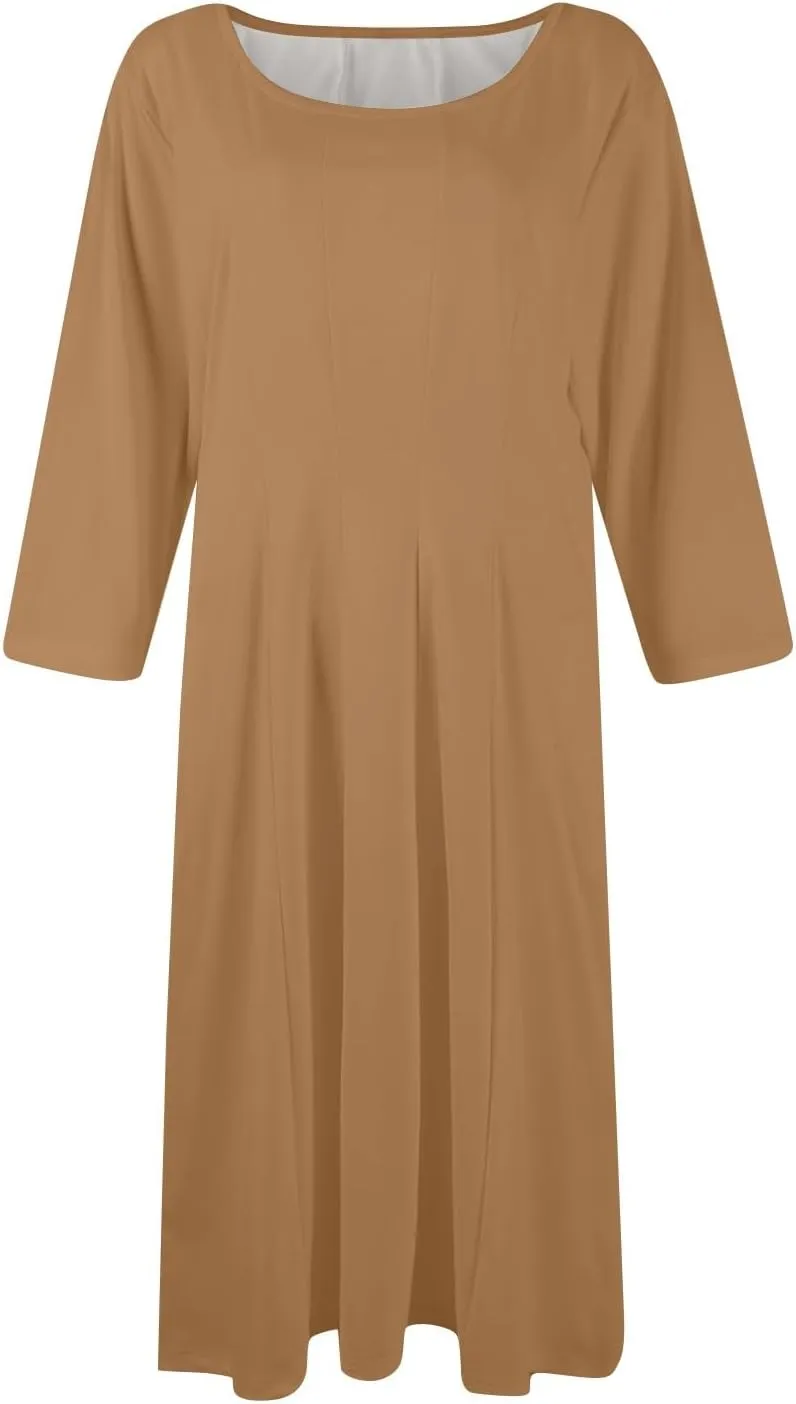 Womens Summer Dresses Crew Neck 3/4 Sleeve Dress Solid Color Wrap Dress Spring Midi Dresses Pleated with Pocket