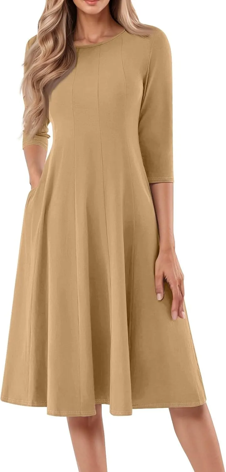 Womens Summer Dresses Crew Neck 3/4 Sleeve Dress Solid Color Wrap Dress Spring Midi Dresses Pleated with Pocket