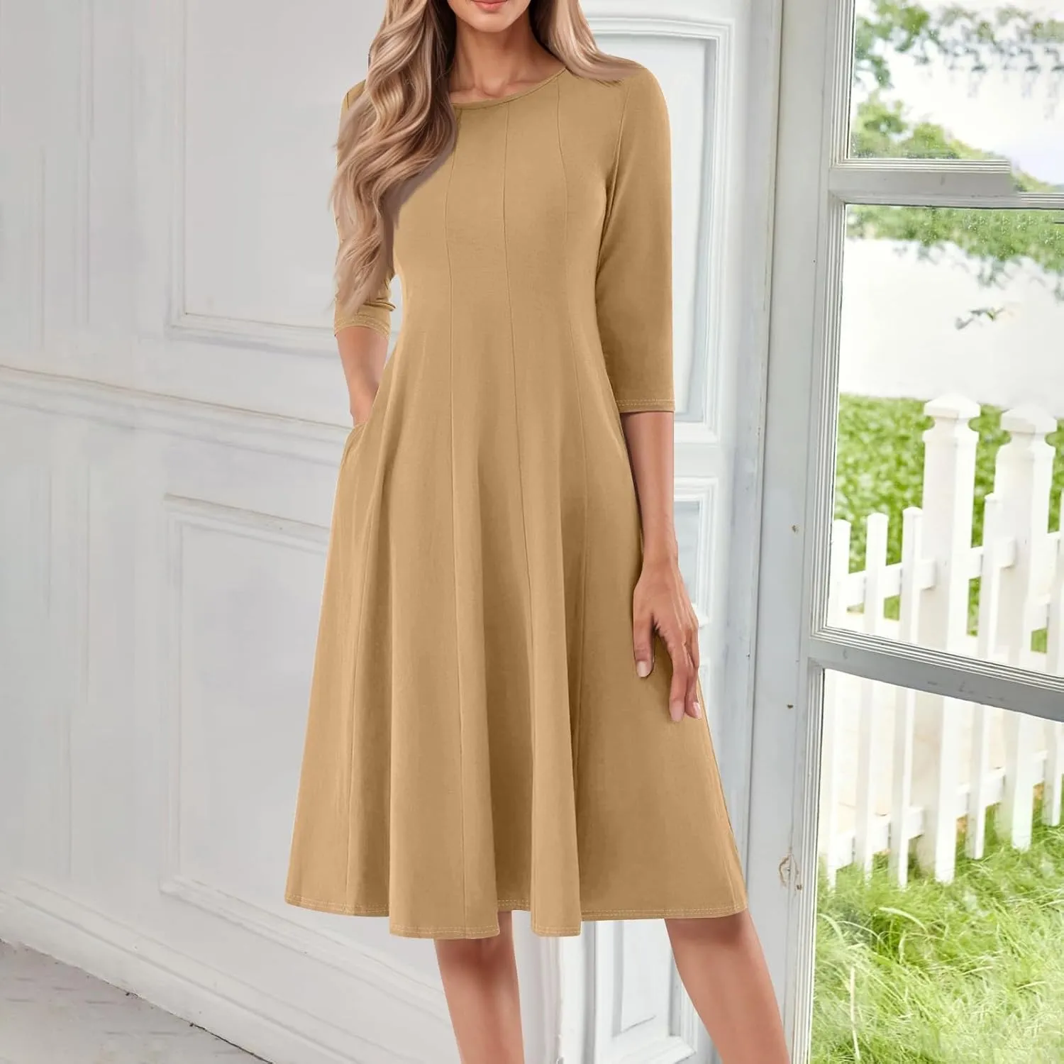 Womens Summer Dresses Crew Neck 3/4 Sleeve Dress Solid Color Wrap Dress Spring Midi Dresses Pleated with Pocket