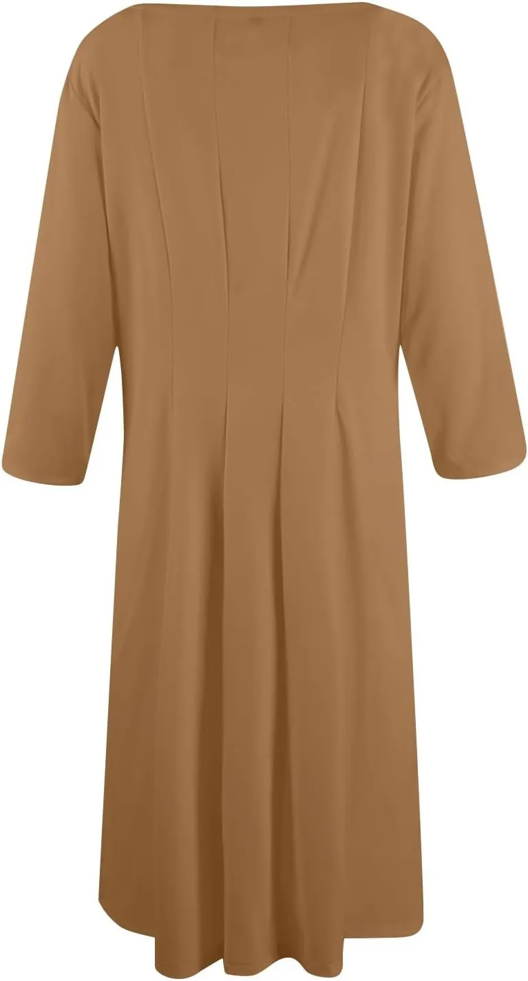 Womens Summer Dresses Crew Neck 3/4 Sleeve Dress Solid Color Wrap Dress Spring Midi Dresses Pleated with Pocket