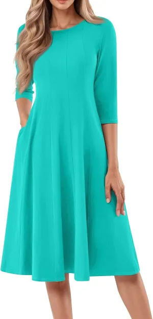 Womens Summer Dresses Crew Neck 3/4 Sleeve Dress Solid Color Wrap Dress Spring Midi Dresses Pleated with Pocket