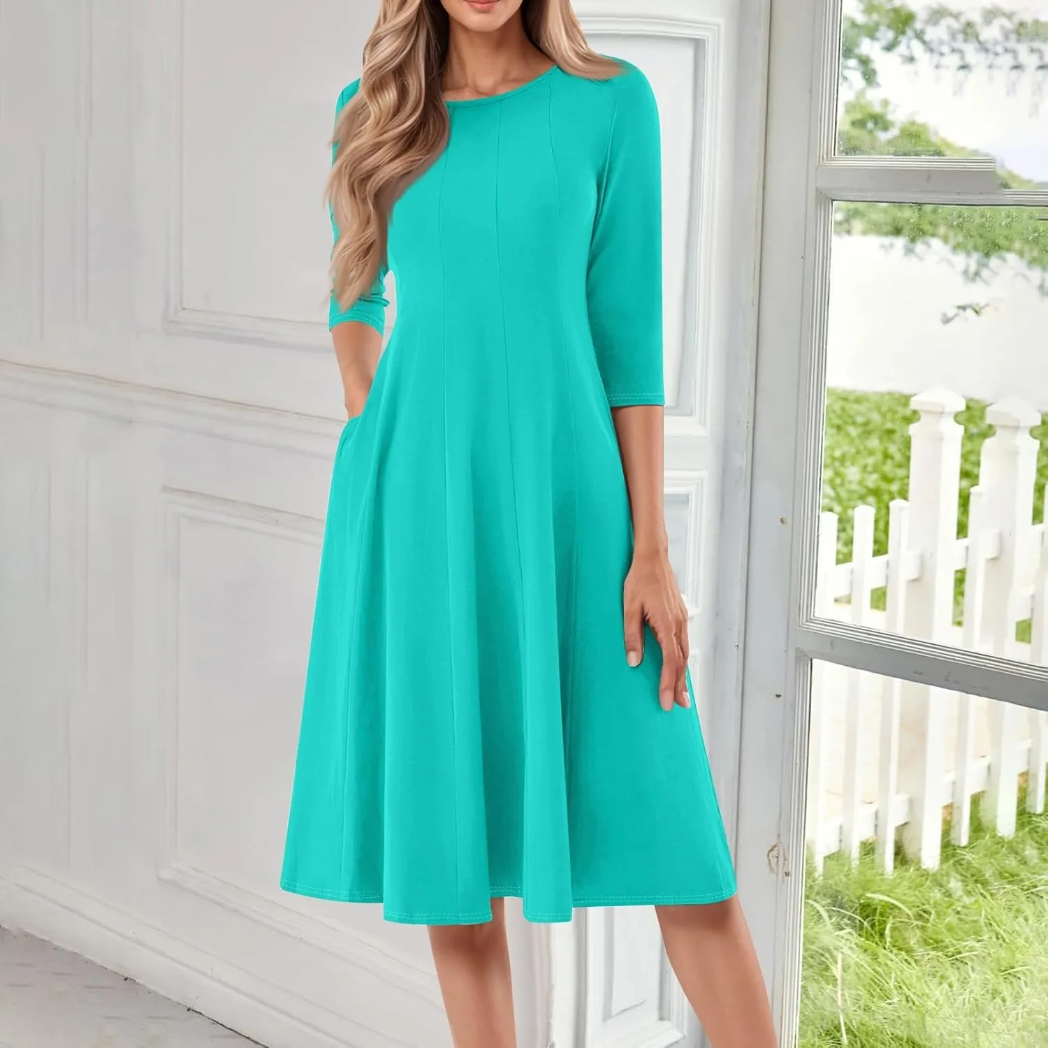Womens Summer Dresses Crew Neck 3/4 Sleeve Dress Solid Color Wrap Dress Spring Midi Dresses Pleated with Pocket