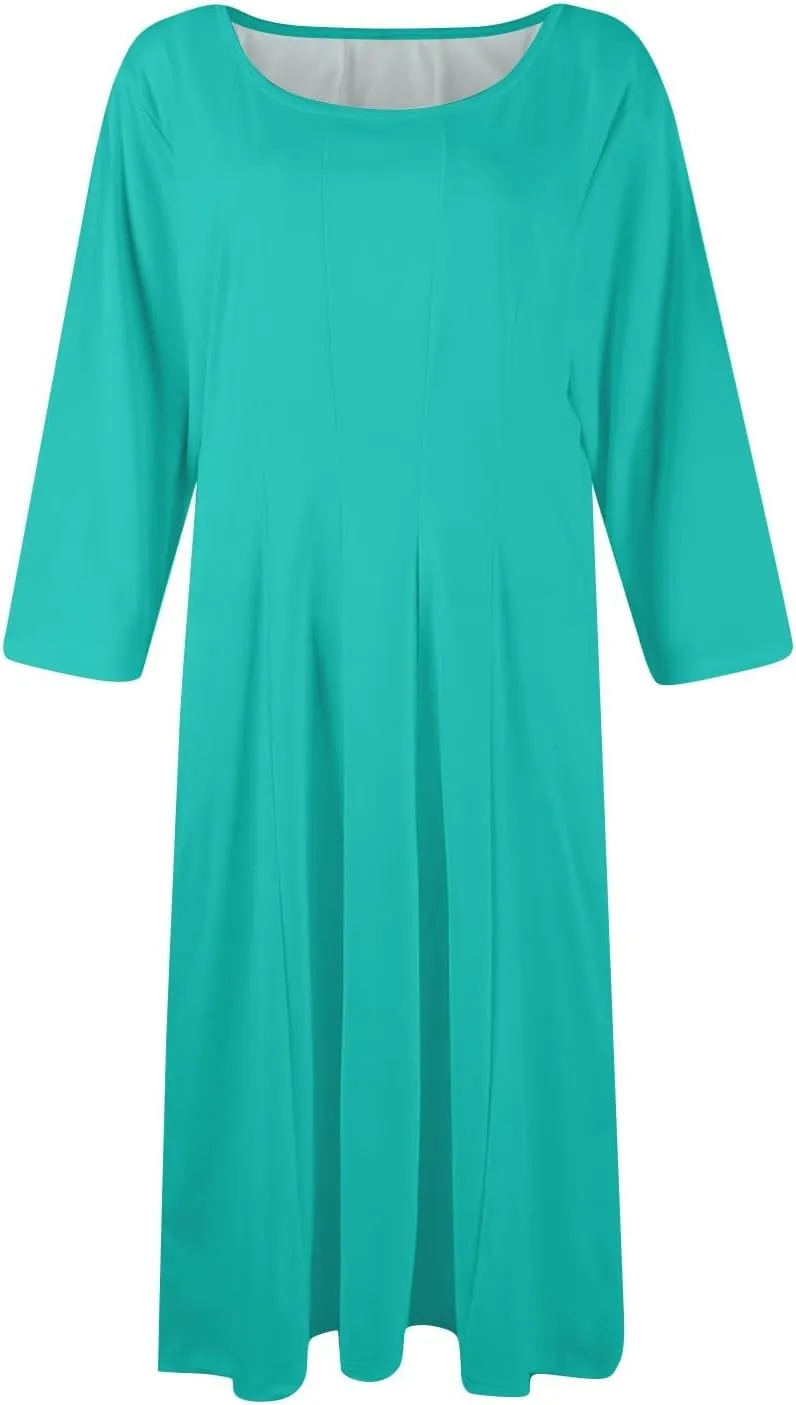 Womens Summer Dresses Crew Neck 3/4 Sleeve Dress Solid Color Wrap Dress Spring Midi Dresses Pleated with Pocket