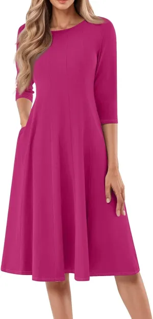 Womens Summer Dresses Crew Neck 3/4 Sleeve Dress Solid Color Wrap Dress Spring Midi Dresses Pleated with Pocket
