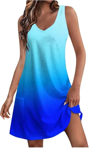 Womens Summer Dresses Loose V Neck Sleeveless Comfy Beach Dress with Pockets Floral Printed 2025 Fashion Sundresses