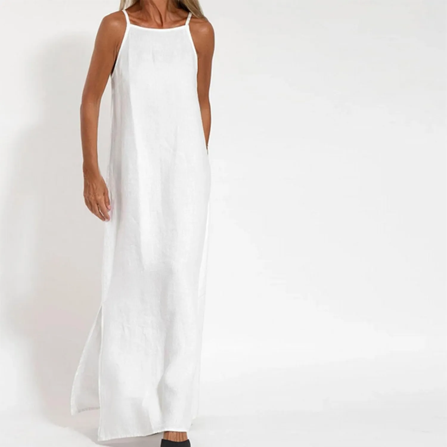Women's Summer Dresses Spring Cotton Linen Spaghetti Casual Beach Outfits Clothes Flowy Split Maxi Sundress