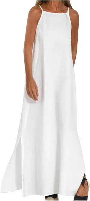 Women's Summer Dresses Spring Cotton Linen Spaghetti Casual Beach Outfits Clothes Flowy Split Maxi Sundress