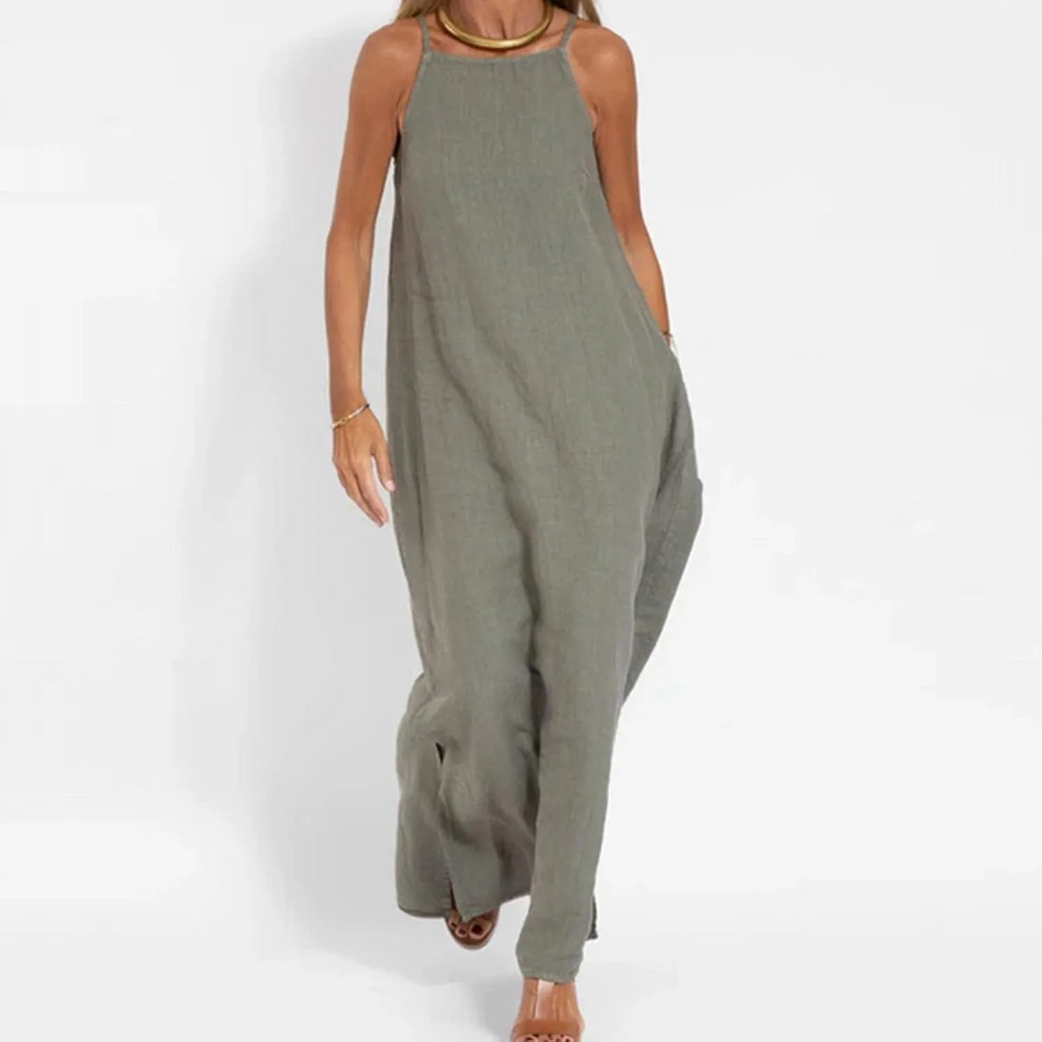 Women's Summer Dresses Spring Cotton Linen Spaghetti Casual Beach Outfits Clothes Flowy Split Maxi Sundress