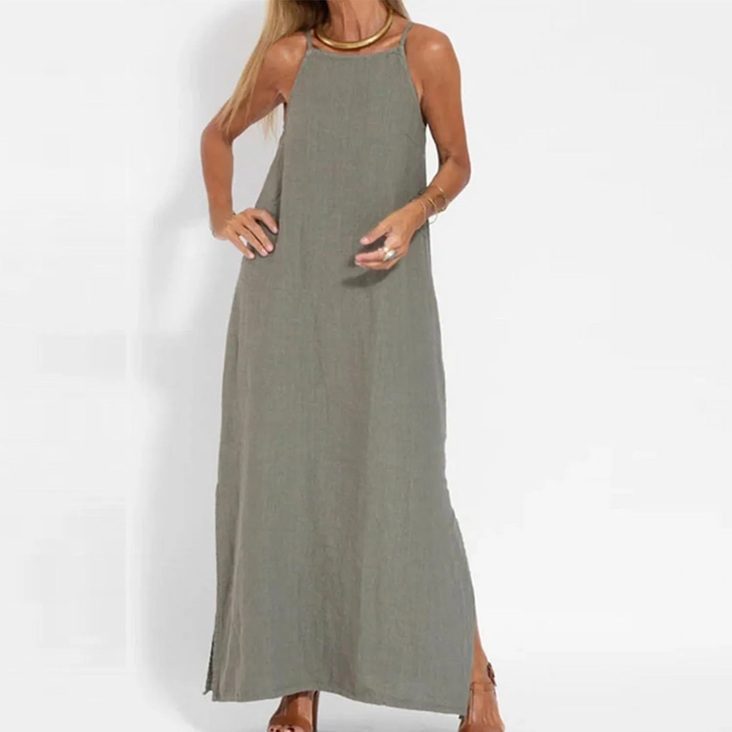Women's Summer Dresses Spring Cotton Linen Spaghetti Casual Beach Outfits Clothes Flowy Split Maxi Sundress