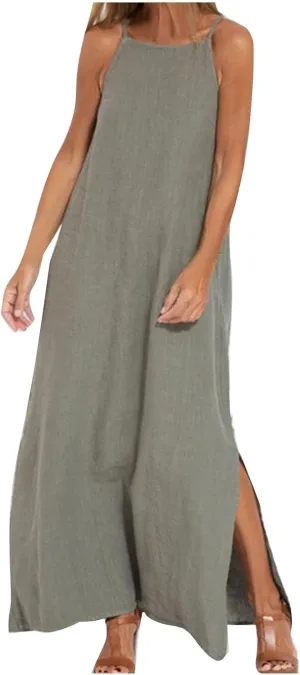Women's Summer Dresses Spring Cotton Linen Spaghetti Casual Beach Outfits Clothes Flowy Split Maxi Sundress