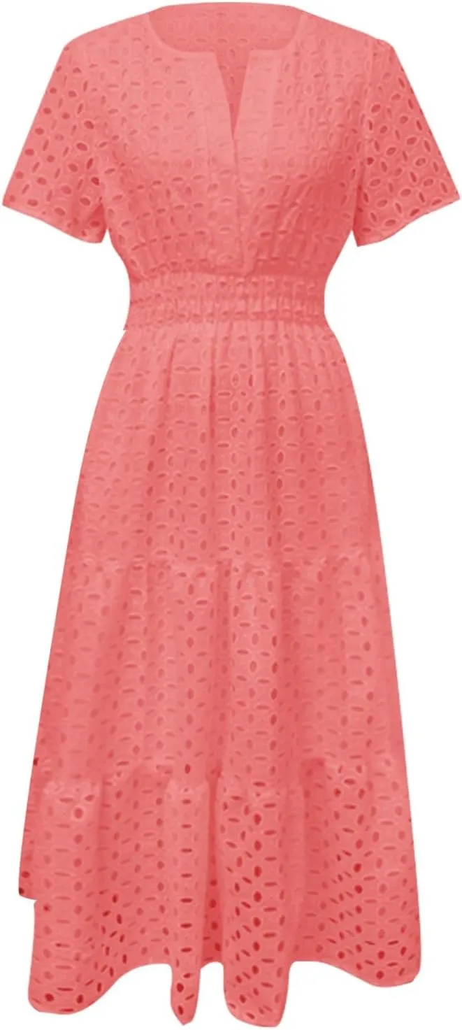 Womens Summer Eyelet Maxi Dress 2025 Short Sleeve V Neck Swing Long Dresses A Line Boho Flowy Beach Vacation Clothes