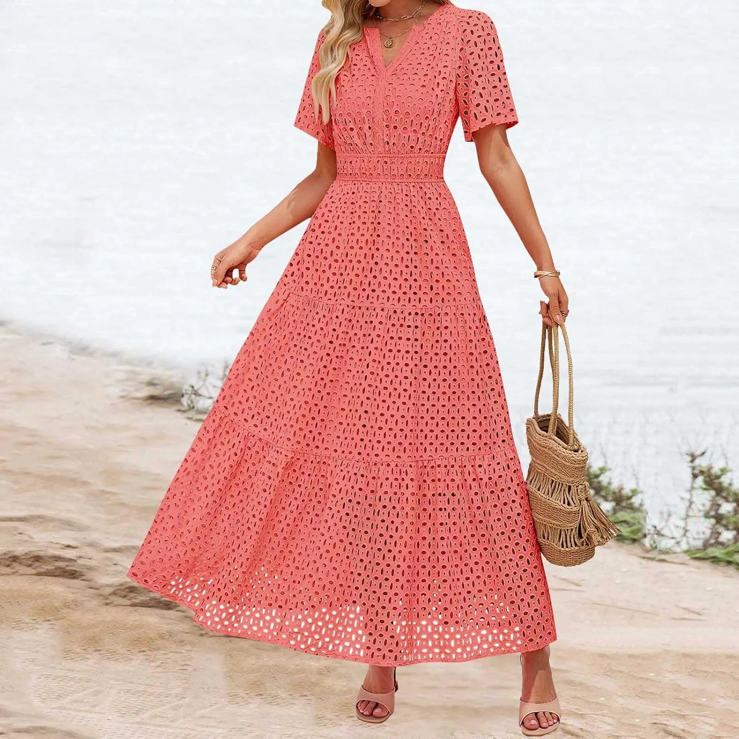 Womens Summer Eyelet Maxi Dress 2025 Short Sleeve V Neck Swing Long Dresses A Line Boho Flowy Beach Vacation Clothes
