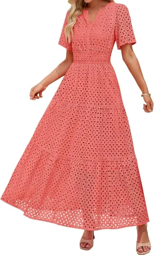 Womens Summer Eyelet Maxi Dress 2025 Short Sleeve V Neck Swing Long Dresses A Line Boho Flowy Beach Vacation Clothes
