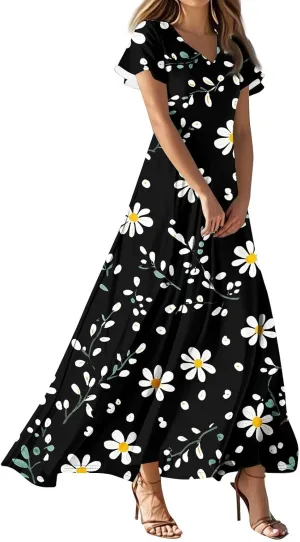 Women's Summer Floral Boho Dress Ruffle Sleeve V Neck Flowy Casual Loose Wedding Guest Long Maxi Ruffle Dresses