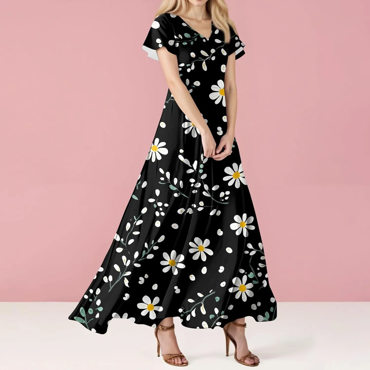 Women's Summer Floral Boho Dress Ruffle Sleeve V Neck Flowy Casual Loose Wedding Guest Long Maxi Ruffle Dresses