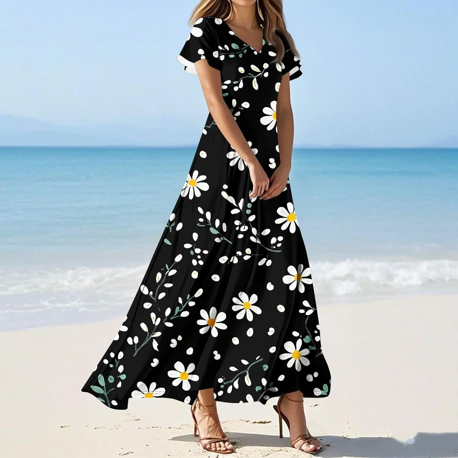Women's Summer Floral Boho Dress Ruffle Sleeve V Neck Flowy Casual Loose Wedding Guest Long Maxi Ruffle Dresses