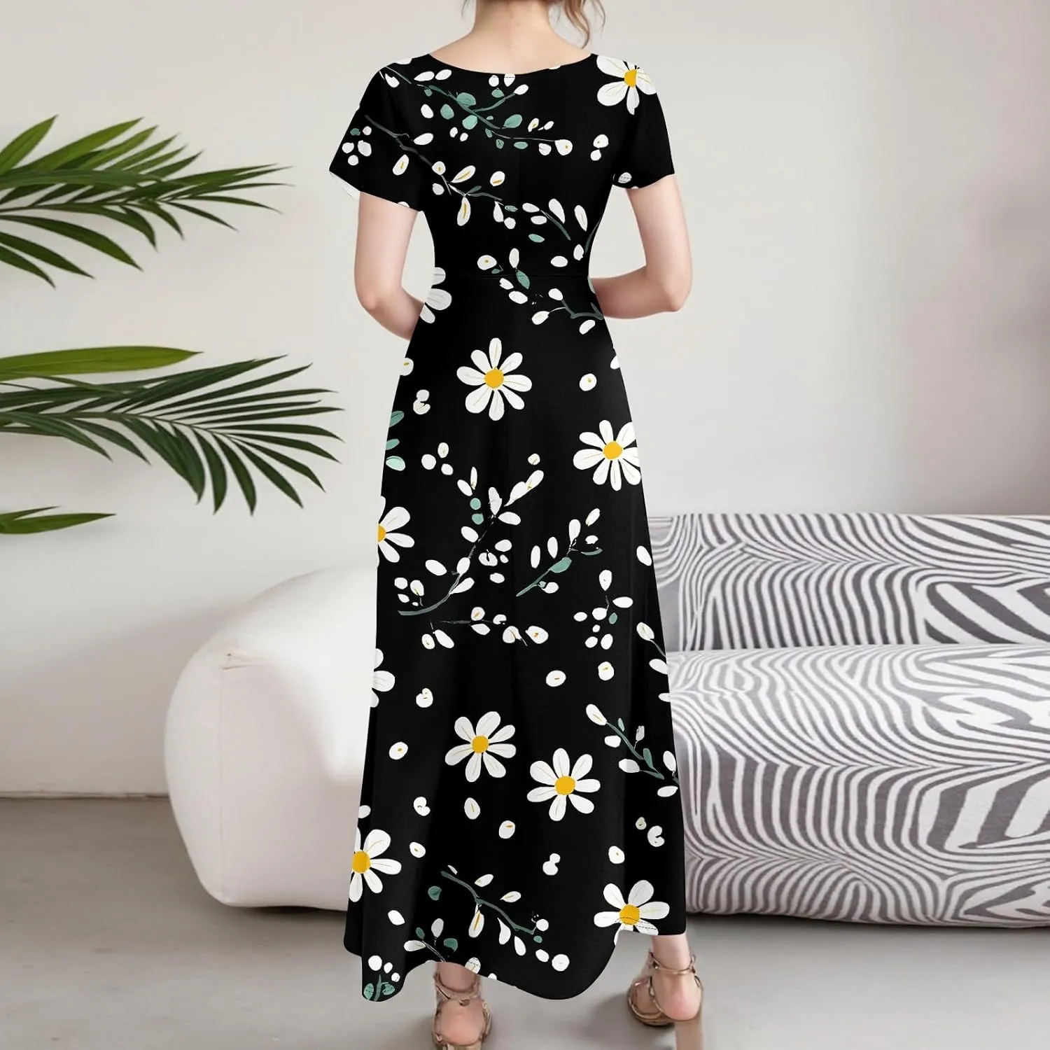 Women's Summer Floral Boho Dress Ruffle Sleeve V Neck Flowy Casual Loose Wedding Guest Long Maxi Ruffle Dresses