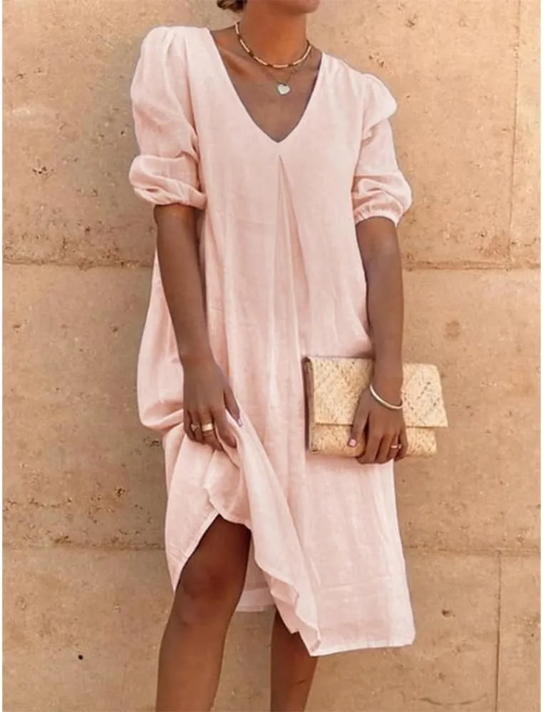 Women's Summer Linen Midi Dress Casual V Neck Dresses Summer Beach Plus Size Flowy Beach Long Dress 2024 S-3XL