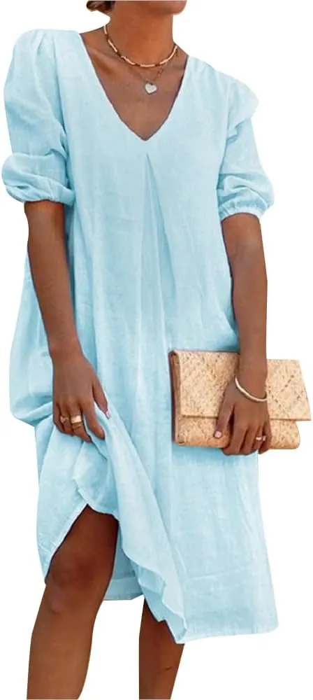 Women's Summer Linen Midi Dress Casual V Neck Dresses Summer Beach Plus Size Flowy Beach Long Dress 2024 S-3XL