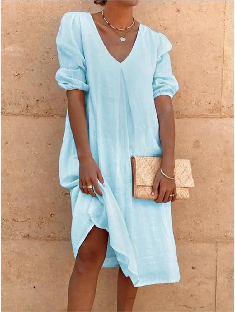 Women's Summer Linen Midi Dress Casual V Neck Dresses Summer Beach Plus Size Flowy Beach Long Dress 2024 S-3XL