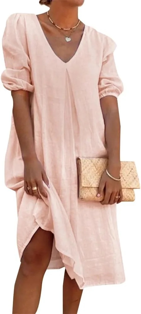 Women's Summer Linen Midi Dress Casual V Neck Dresses Summer Beach Plus Size Flowy Beach Long Dress 2024 S-3XL
