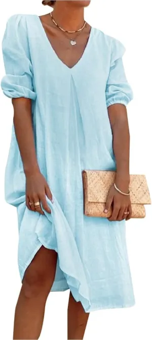 Women's Summer Linen Midi Dress Casual V Neck Dresses Summer Beach Plus Size Flowy Beach Long Dress 2024 S-3XL