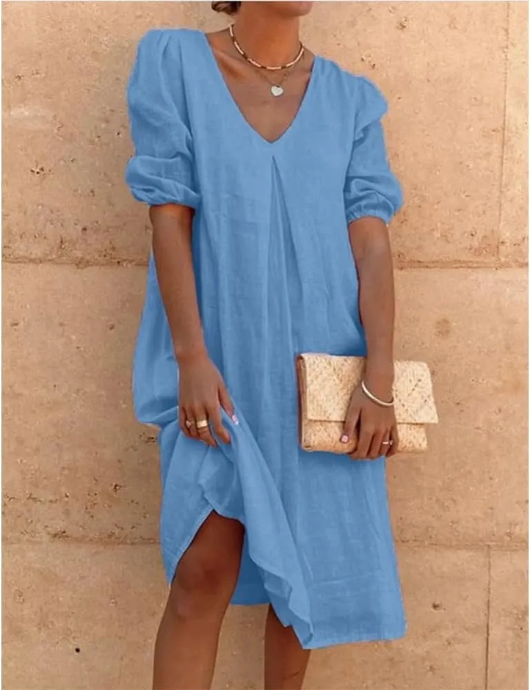 Women's Summer Linen Midi Dress Casual V Neck Dresses Summer Beach Plus Size Flowy Beach Long Dress 2024 S-3XL