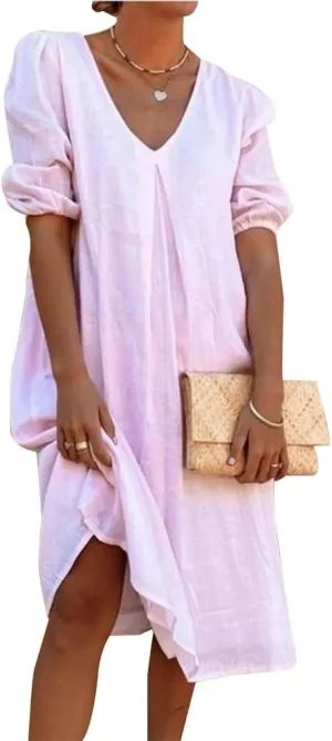 Women's Summer Linen Midi Dress Casual V Neck Dresses Summer Beach Plus Size Flowy Beach Long Dress 2024 S-3XL