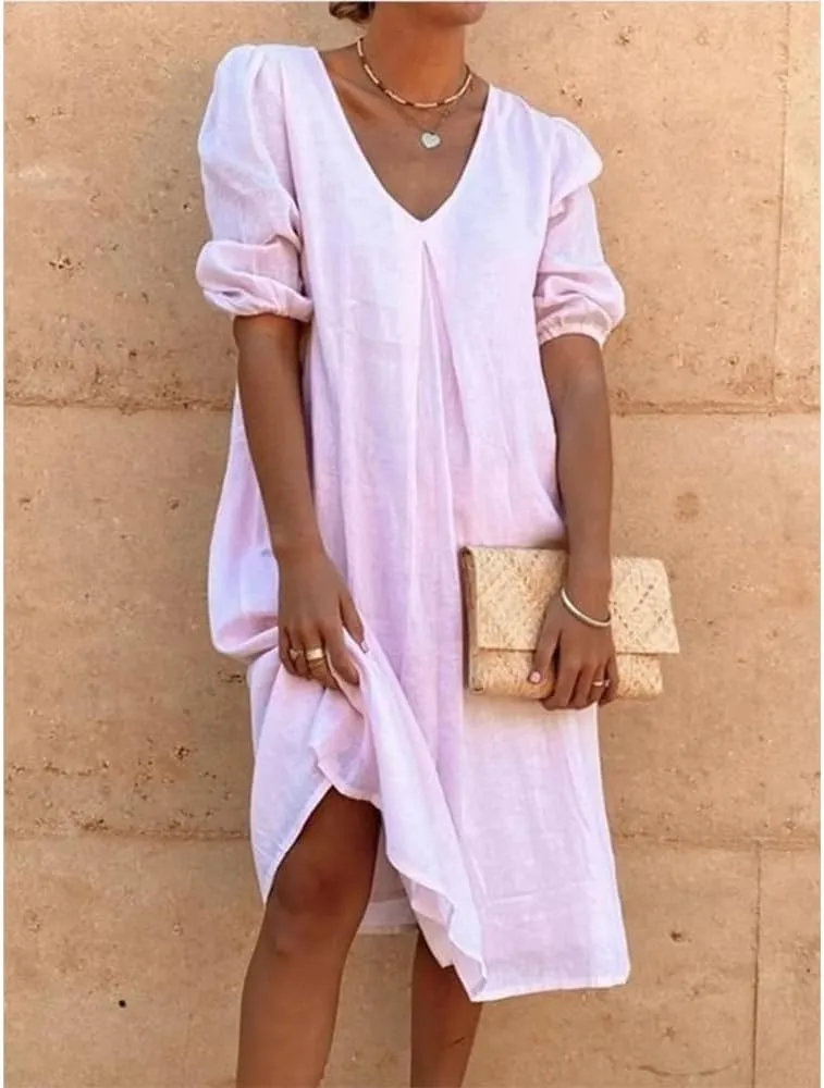 Women's Summer Linen Midi Dress Casual V Neck Dresses Summer Beach Plus Size Flowy Beach Long Dress 2024 S-3XL