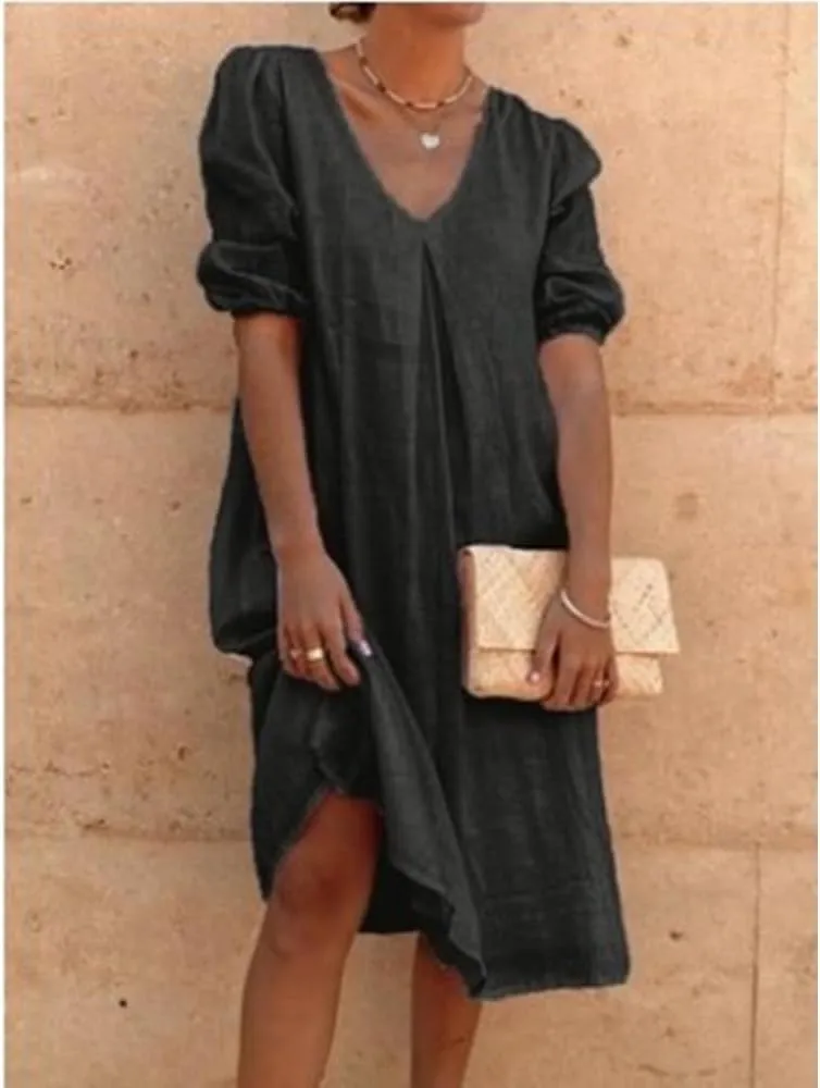 Women's Summer Linen Midi Dress Casual V Neck Dresses Summer Beach Plus Size Flowy Beach Long Dress 2024 S-3XL