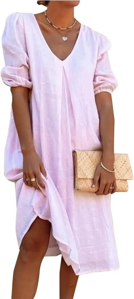 Women's Summer Linen Midi Dress Casual V Neck Dresses Summer Beach Plus Size Flowy Beach Long Dress 2024 S-3XL