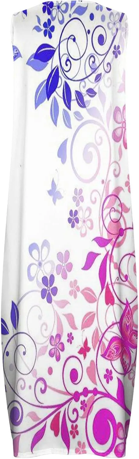 Womens Summer Maxi Dress 2024 Casual V Neck Floral Sleeveless Sun Dress Trendy Beach Vacation Long Flowy Dresses with Pocket