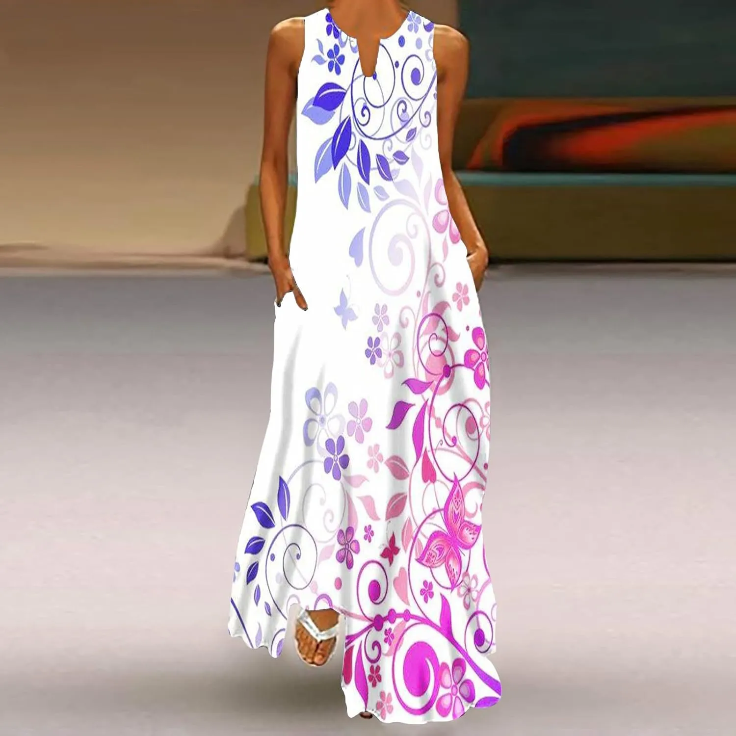 Womens Summer Maxi Dress 2024 Casual V Neck Floral Sleeveless Sun Dress Trendy Beach Vacation Long Flowy Dresses with Pocket
