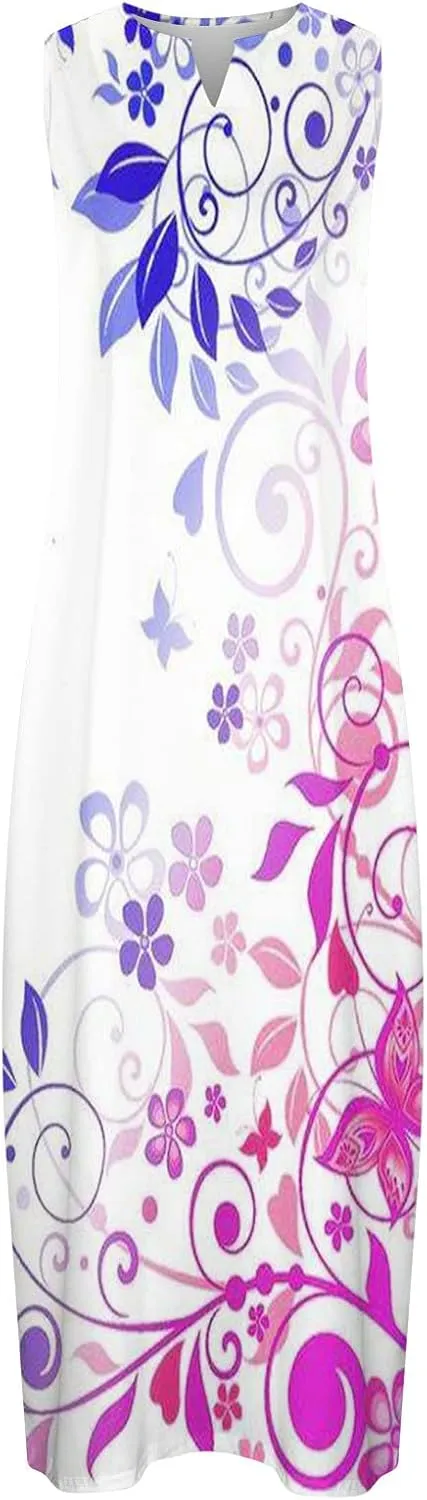 Womens Summer Maxi Dress 2024 Casual V Neck Floral Sleeveless Sun Dress Trendy Beach Vacation Long Flowy Dresses with Pocket