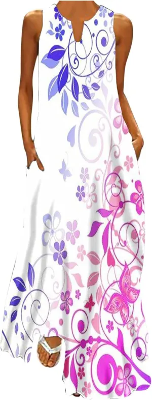 Womens Summer Maxi Dress 2024 Casual V Neck Floral Sleeveless Sun Dress Trendy Beach Vacation Long Flowy Dresses with Pocket