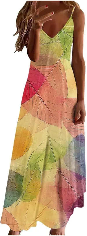 Women's Summer Maxi Dress Casual V-Neck Sleeveless Sundress Bohemian Spaghetti Strap Floral Long Maxi Dresses