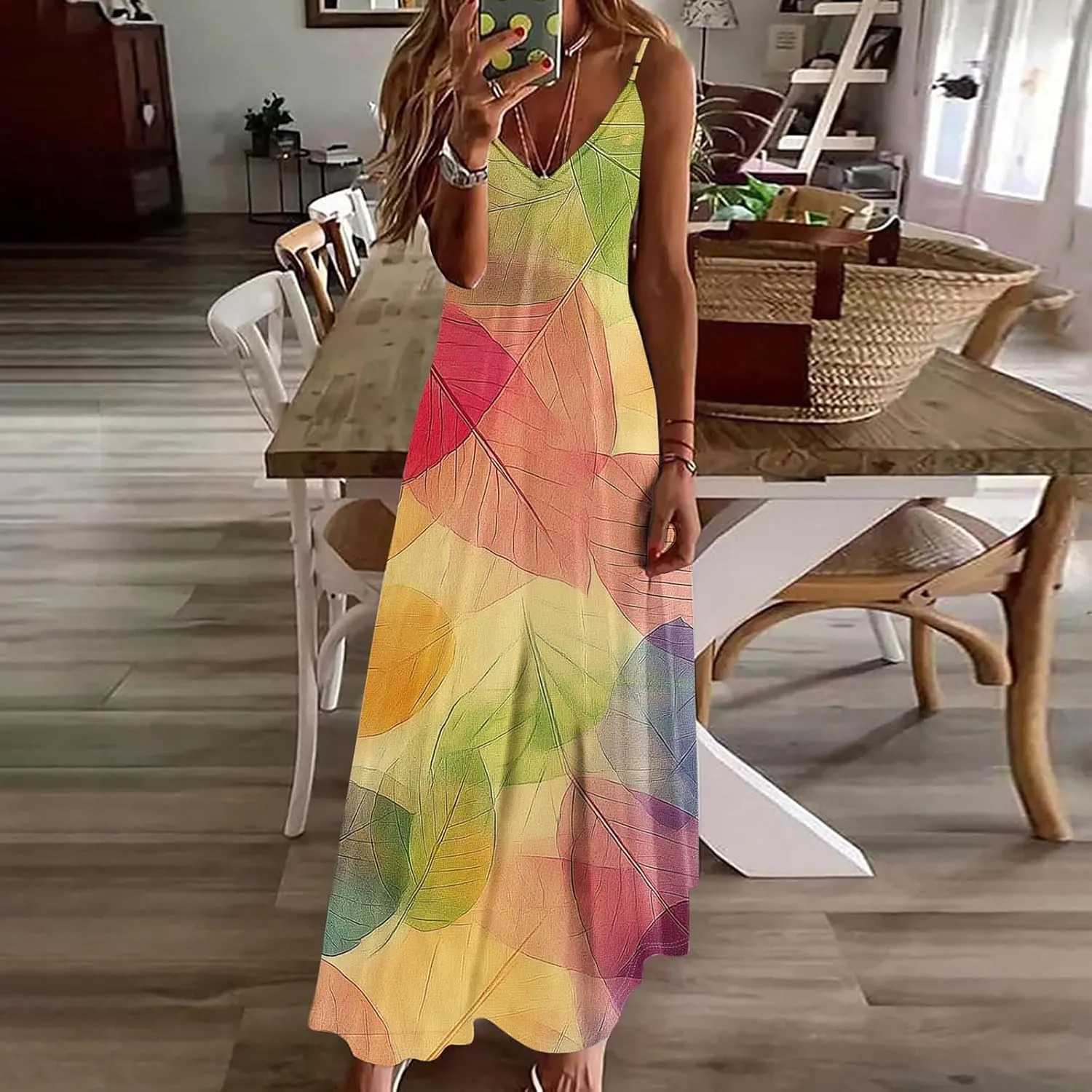 Women's Summer Maxi Dress Casual V-Neck Sleeveless Sundress Bohemian Spaghetti Strap Floral Long Maxi Dresses