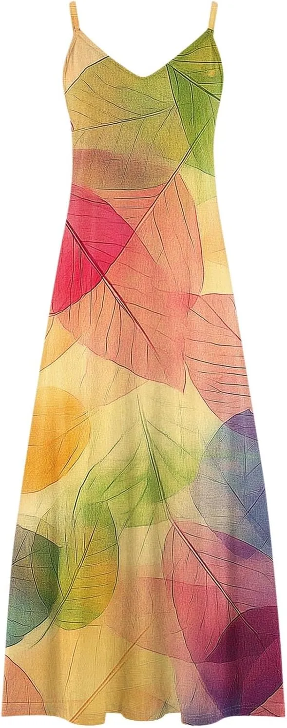 Women's Summer Maxi Dress Casual V-Neck Sleeveless Sundress Bohemian Spaghetti Strap Floral Long Maxi Dresses