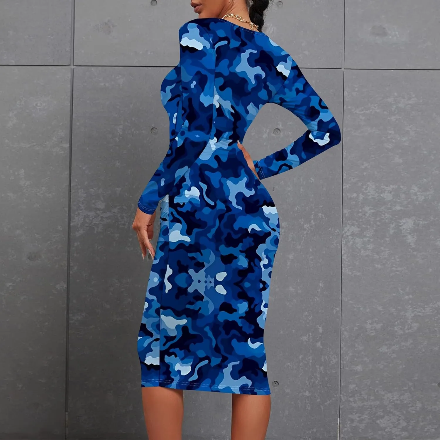 Women's Summer Midi Bodycon Dresses Round Neck Long Sleeve Casual Fall Ruched Waist Short Party Club Slim Fit Dress