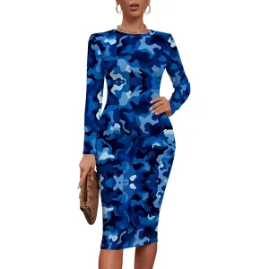 Women's Summer Midi Bodycon Dresses Round Neck Long Sleeve Casual Fall Ruched Waist Short Party Club Slim Fit Dress