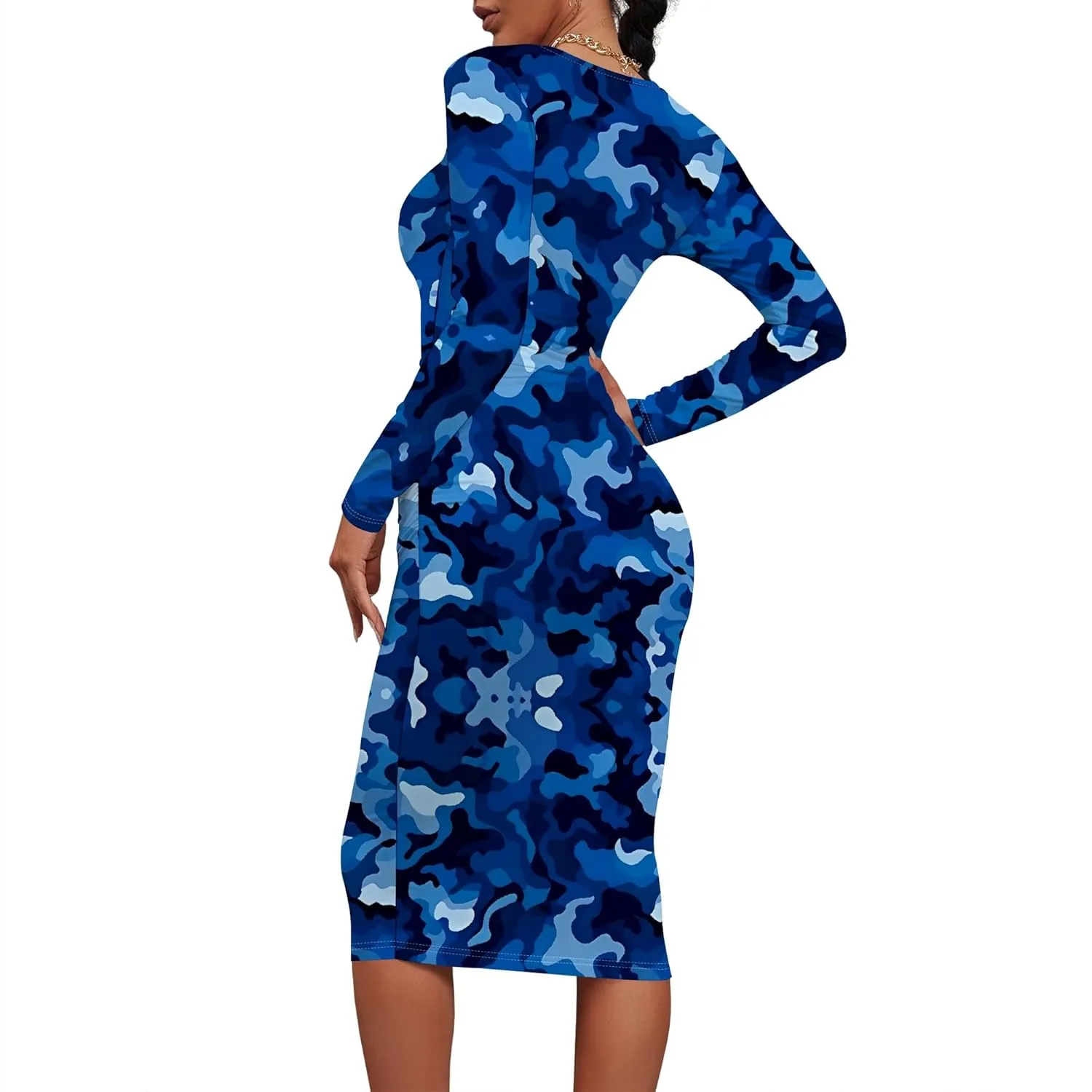Women's Summer Midi Bodycon Dresses Round Neck Long Sleeve Casual Fall Ruched Waist Short Party Club Slim Fit Dress